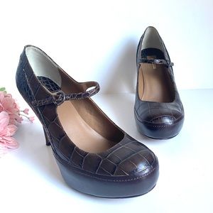Max Studio Calla Brown Croco Embossed Leather Mary Jane High Heel Pumps